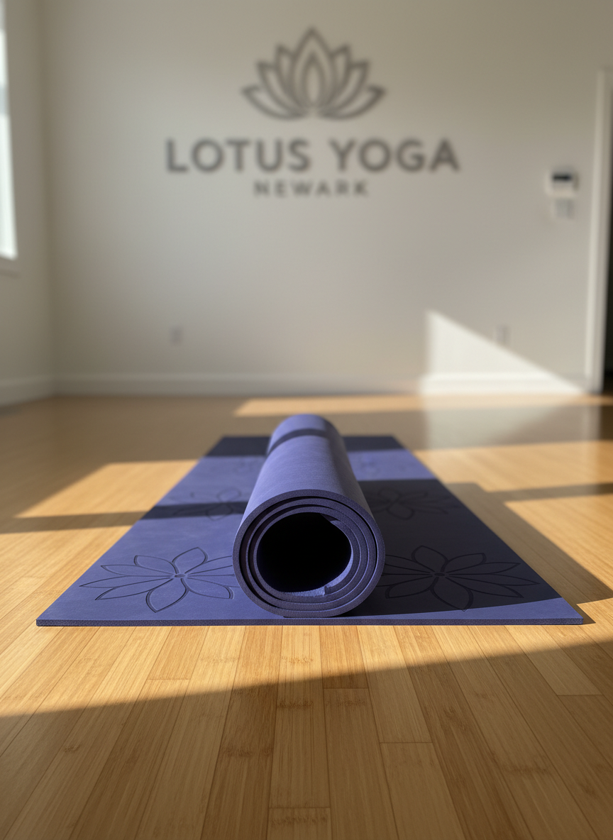 A neatly rolled deep-indigo yoga mat with a subtle lotus pattern embossed along its surface rests on smooth, honey-toned bamboo flooring in a pristine studio. Behind it, a clean white wall features a minimalist silver “Lotus Yoga Newark” logo, slightly out of focus. Soft morning sunlight filters through unseen high windows, casting gentle, elongated shadows and a warm glow across the mat’s textured surface. The mood is serene and professional, evoking calm intention before practice. Captured at eye level with a shallow depth of field, the composition centers the mat while allowing the airy, uncluttered studio to fade into a soft bokeh. Photographic realism with a clean, modern aesthetic.