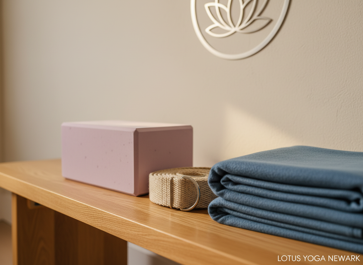 A close-up, photographic view of a pale lavender yoga block, a tightly rolled sand-colored cotton strap, and a folded slate-blue yoga blanket arranged with precision on a light oak bench. The textures of foam, woven fabric, and smooth wood are clearly visible. In the softly blurred background, a neutral-toned yoga studio wall features a simple metallic lotus emblem. Warm, indirect afternoon light from a side window washes over the scene, creating gentle highlights and soft shadows that emphasize material detail. The mood is organized and professional yet soothing. Shot at a low, three-quarter angle with a shallow depth of field, the composition feels intimate and carefully curated, perfect for illustrating class equipment at Lotus Yoga Newark.