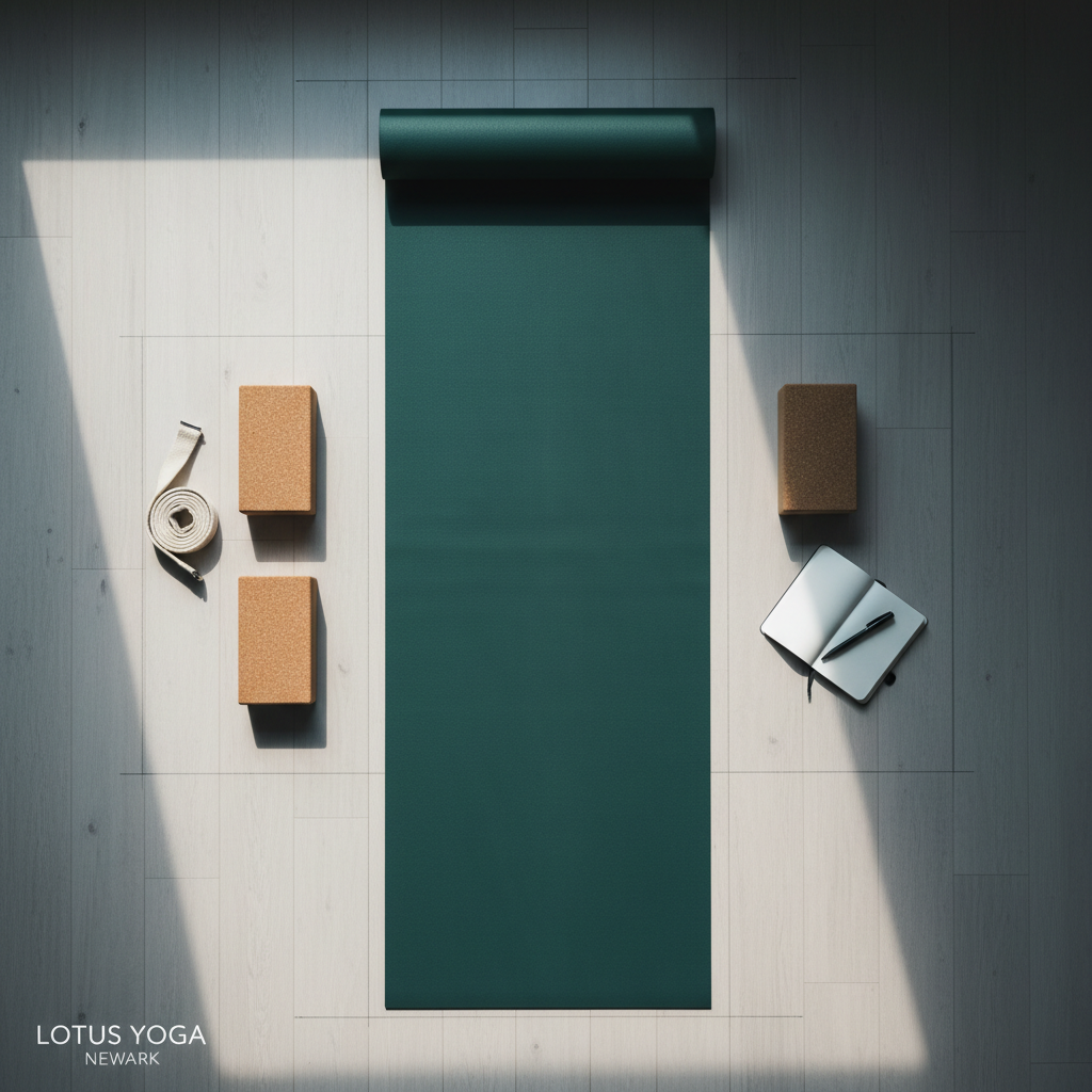 An overhead, photographic view of a meticulously arranged yoga teaching setup for an advanced alignment class at Lotus Yoga Newark. A long, forest-green mat lies centered on light ash wood flooring, flanked symmetrically by two cork blocks, a neatly coiled cream cotton strap, and a slim graphite notebook with a fine-line pen resting atop it. Faint chalk lines on the floor suggest alignment guides. Soft, cool daylight from an unseen skylight creates even illumination with subtle, crisp shadows that highlight the objects’ shapes. The mood is focused and professional, suggesting precise, well-structured instruction. The composition is clean and geometric, with sharp focus and a minimalist, modern aesthetic, perfect for illustrating teacher training or specialized workshops.