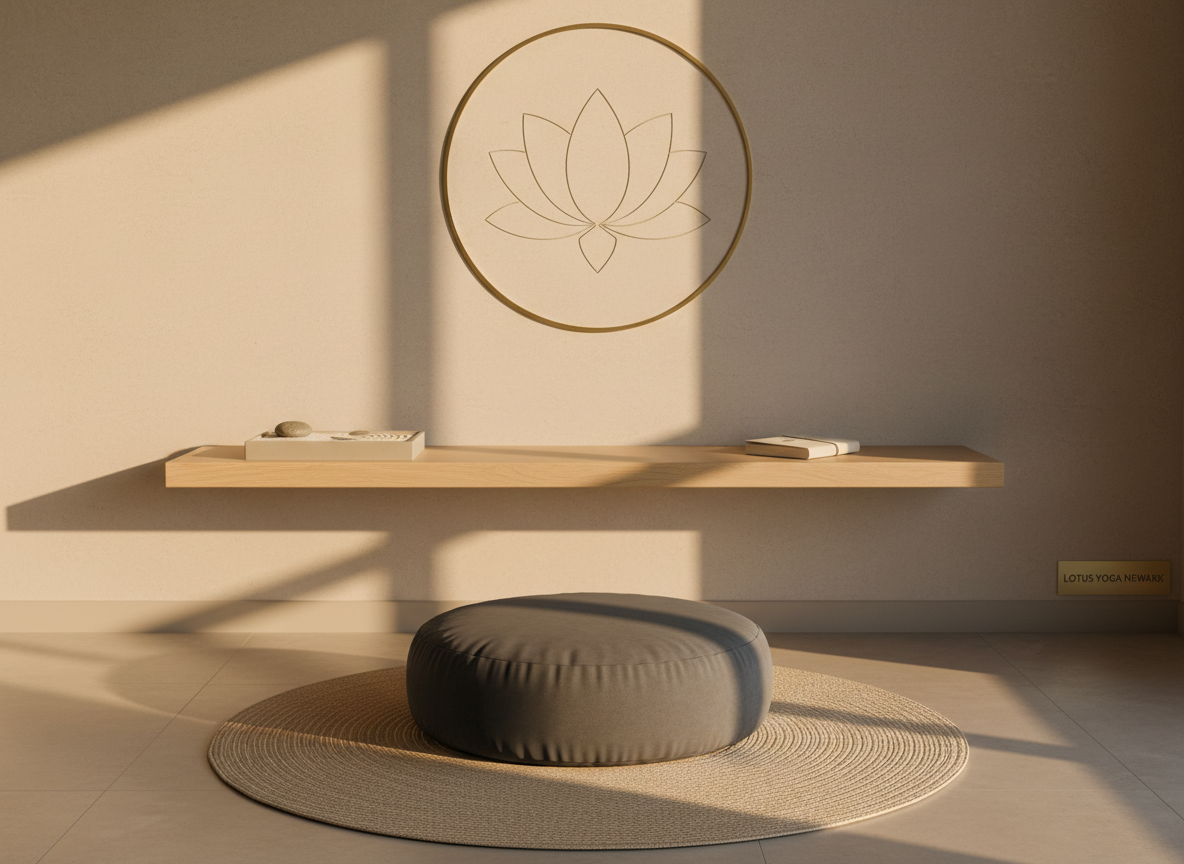 A tranquil meditation corner inside a yoga studio, featuring a round, slate-gray meditation cushion centered on a woven natural-fiber rug. Behind it, a light stone-colored wall displays a subtle, etched lotus motif within a thin metallic circle. On a slim, floating wooden shelf sit a small sand garden with a single smooth river stone and a closed, plain cloth journal. Soft golden-hour light pours in from an unseen side window, creating delicate gradients on the wall and a calm interplay of light and shadow. The composition uses the rule of thirds with generous negative space to enhance stillness. Photographic realism with a clean, contemporary feel, conveying a serene, professional atmosphere for Lotus Yoga Newark’s mindfulness offerings.