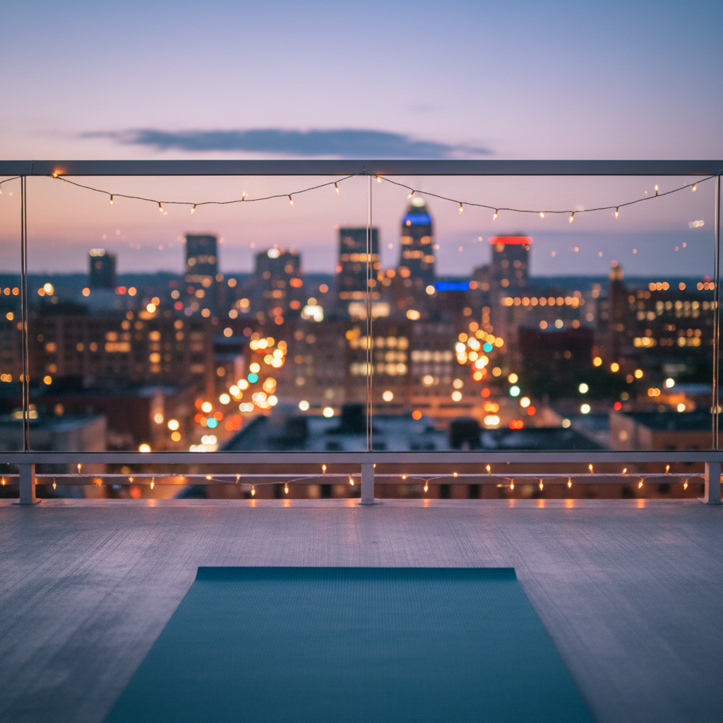 A twilight rooftop yoga setting in downtown Newark, captured in photographic realism: a single slate-blue yoga mat positioned near a low glass railing, with the softly blurred Newark cityscape glowing behind in warm oranges and cool blues. Tiny string lights along the railing add a subtle, elegant sparkle. The mat’s slightly textured surface catches the last traces of evening light, while the sky transitions from dusky lavender to deep navy. The mood is calm yet urban, evoking balance between city energy and inner stillness. Shot from a low angle, the composition places the mat in the foreground with the city lights in bokeh, ideal for promoting special outdoor or sunset classes at Lotus Yoga Newark.